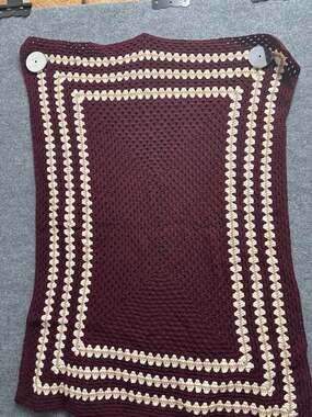 Vintage Handmade Maroon and Cream Granny Square Crochet Afghan Throw Blanket 35x